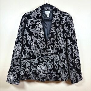 Chico's Embroidered Velvet Blazer Womens 2/L Black Silver Floral Baroque Elegant